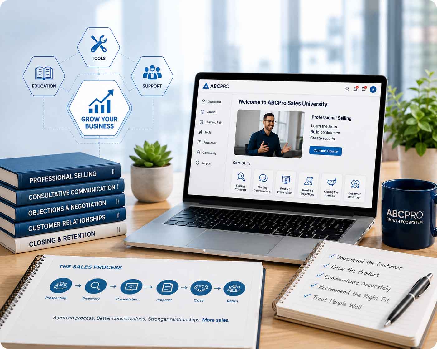 ABCPro Sales University — professional selling, from prospecting to closing and retention.